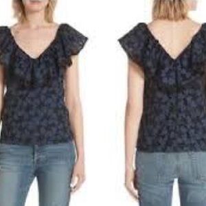 Rebecca Taylor Navy/Black Lace Sleeveless Blouse with Ruffle, Sz 10
